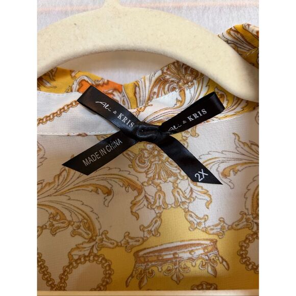 Ali & Kris Women’s 2X Baroque Print Button-Down Shirt Blouse Long Sleeve Gold Ch - Picture 3 of 11
